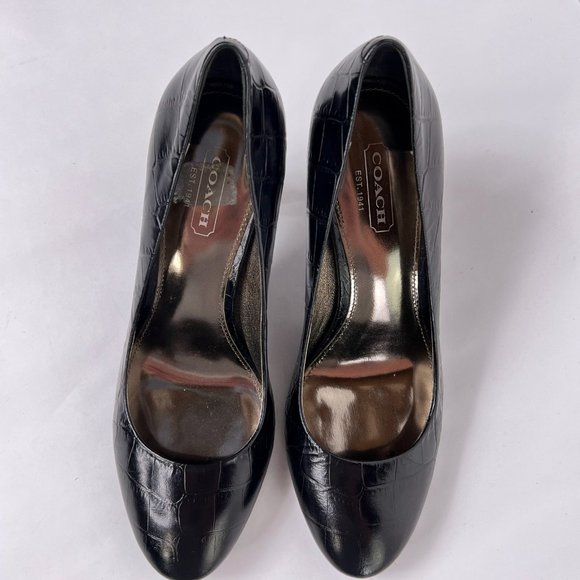 Coach Maxey Black Croc Embossed Leather Pumps Round Closed Toe Heels Size 5.5 - Picture 3 of 14